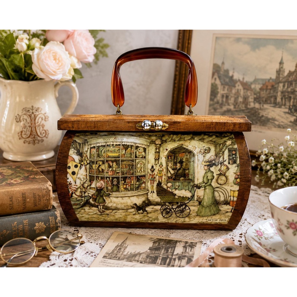 Vintage Anton Pieck Wooden Box Purse Toy Shop Lucite Handle 1960s 1970s Handbag
